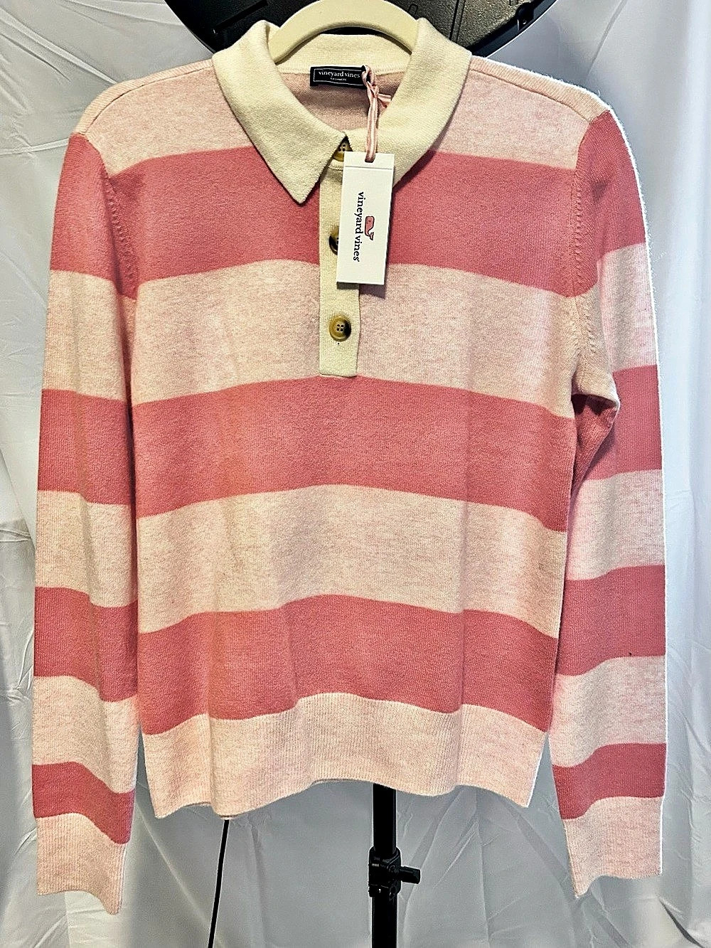 NWT Vineyard Vines Seaspun Cashmere Polo Sweater, Pink Stripe, size Medium